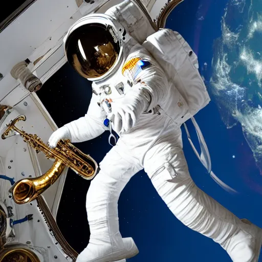 Prompt: astronaut using a saxophone in space, hd, earth, realistic, detailed, award winning image