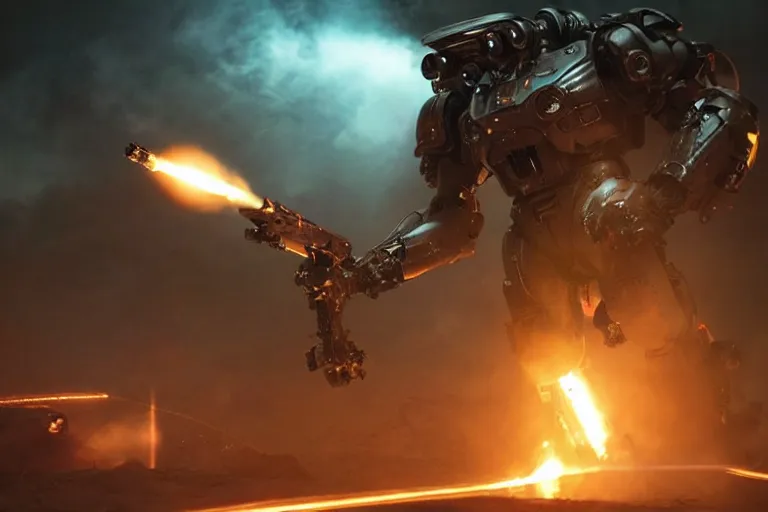 Prompt: VFX movie of a futuristic inhuman alien spacemarines Mech in future spaceship, firing gun at alien horde detailed creature skin neon lighting by Emmanuel Lubezki