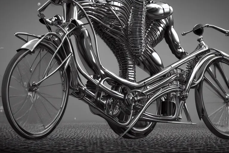 Prompt: man made of bikes, more bike than man, shiney wheels, chrome body, built for speed, 3 5 mm close up photo, in the style of hans ruedi giger, 8 k, octane render, magnificent