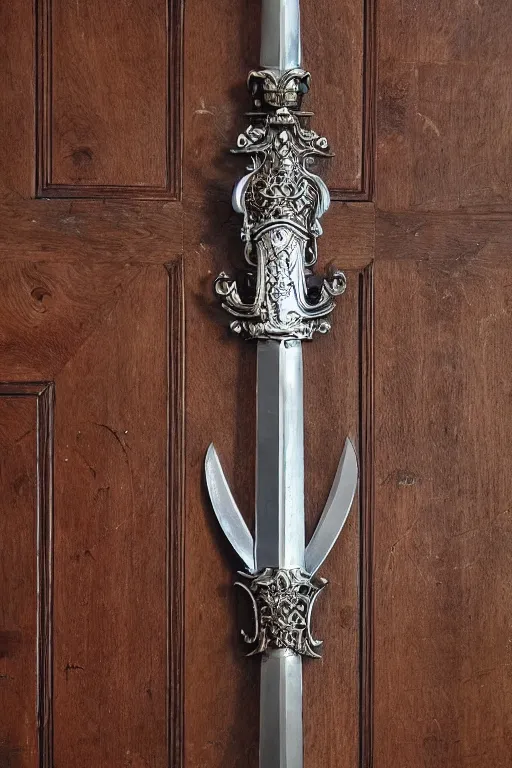 Image similar to sword of justice hanging on a wall, ornate gem in pommel, engraved blade, table at bottom