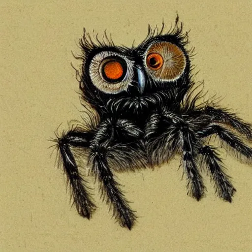 Image similar to jumping spider mixed with owl, sketch by Leonardo Da Vinci, hybrid creature, detailed