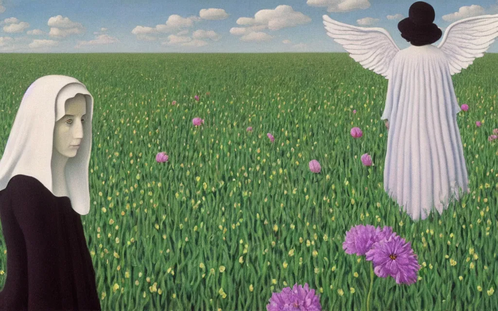 Image similar to angel of death looking at you in distance in beautiful meadow of flowers, detailed painting by rene magritte
