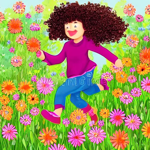 Prompt: a little girl with curly brown hair running through a field of flowers, highly detailed very beautiful fun cute children's book illustration