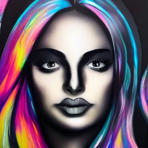 Image similar to liquid marble acrylic fluid paint, black ink, iridescent colours, beautiful female face