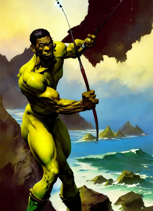 Image similar to magic : the gathering fantasy character concept art by frank frazetta and marco bucci, high resolution. a clear portrait of an athletic male jamaican, wearing yellow green calico clothing, holding a fishing rod, shores of jamaica in the background, symmetry, fantasy coloring, intricate, 8 k, digital painting, artstation, smooth, sharp focus