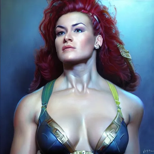 Image similar to detailed portrait of zarya from overwatch, intricate, hyper detailed, realistic, oil painting, by julie bell, frank frazetta, cinematic lighting