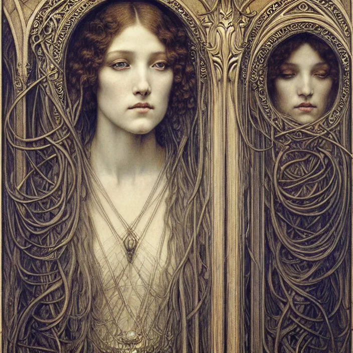 Image similar to detailed realistic beautiful young medieval queen face portrait by jean delville, gustave dore and marco mazzoni, art nouveau, symbolist, visionary, gothic, pre - raphaelite. horizontal symmetry