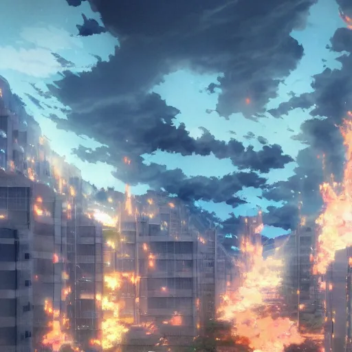 Image similar to Flame Contaminated City of Fuyuki, anime concept art by Makoto Shinkai