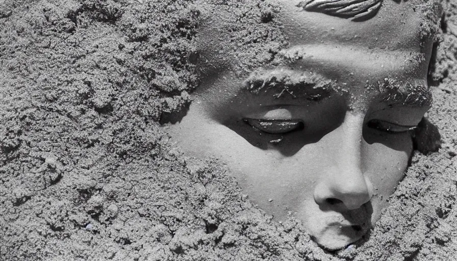 Image similar to 1 9 6 0 s movie still close up of marcus atilius regulus eyelids riped off bloody eyes looking directly at the sun his body buried in the sand, cinestill 8 0 0 t 3 5 mm b & w, high quality, heavy grain, high detail, texture, dramatic light, anamorphic, hyperrealistic, detailed hair