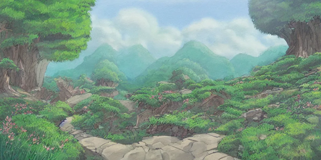 Image similar to a beautiful painting of landscape, ghibli style