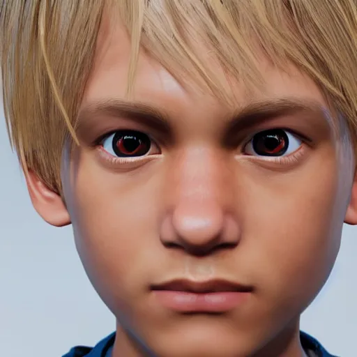 Image similar to detailed face of boy with blonde hair and brown eyes, unreal engine 5 rendered, incredibly highly detailed and realistic, 8 k, sharp focus, studio quality