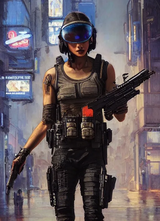 Image similar to 🧕🏾. cyberpunk police trooper in a military vest ( blade runner 2 0 4 9, cyberpunk 2 0 7 7 ). orientalist portrait by john william waterhouse and james gurney and theodore ralli and nasreddine dinet, oil on canvas. cinematic, hyper realism, realistic proportions, dramatic lighting, high detail 4 k