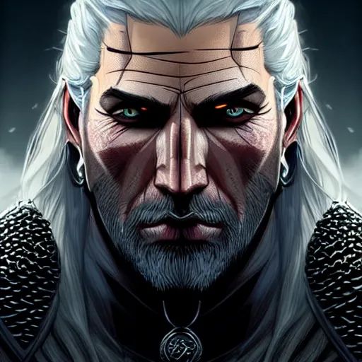 Image similar to Geralt of Rivia, D&D, amber eyes, muscular, fantasy, intricate, elegant, highly detailed, Witcher 3, digital painting, artstation, concept art, smooth, sharp focus, illustration, art by artgerm and greg rutkowski and alphonse mucha