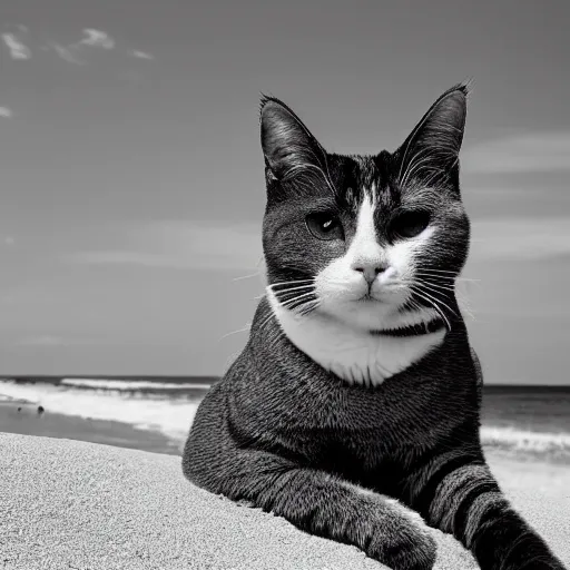 Prompt: black and white photograph of a beach with a cat resting under a bright summer sun