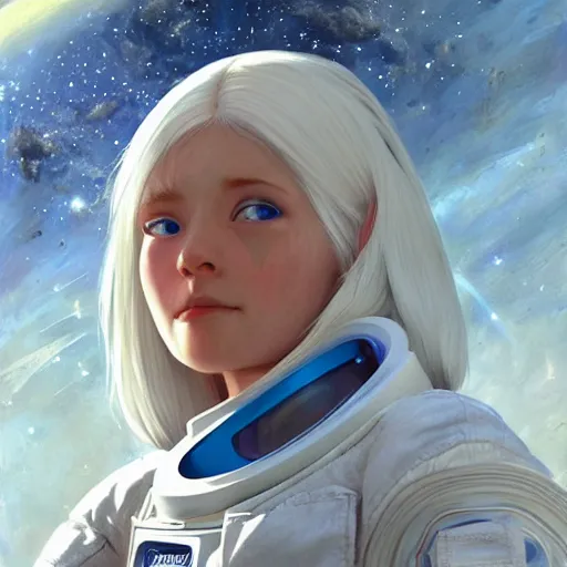 Prompt: portrait of a blue-eyed girl with white hair in a space suit against the background of space, painting by Craig Mullins, octane rendering, soft morning lighting, wide angle lens, in the style of Hayao Miyazaki, trending on artstation,