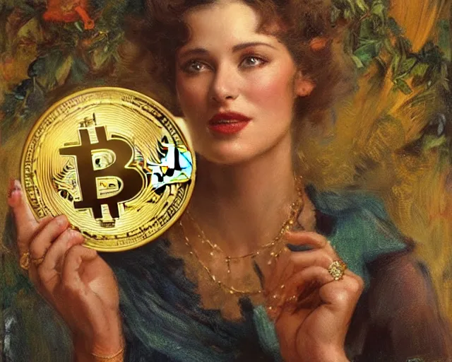 Image similar to attractive woman holding a golden bitcoin, commercial by annie liebovitz, gaston bussiere, craig mullins, j. c. leyendecker