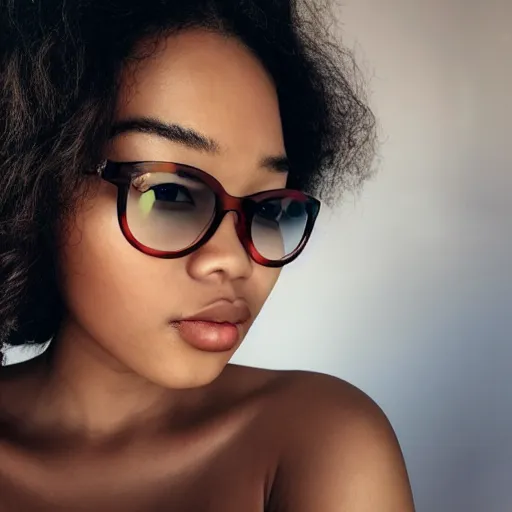 Prompt: a beautiful blasian woman with heterochromia and freckles with rayban glasses on