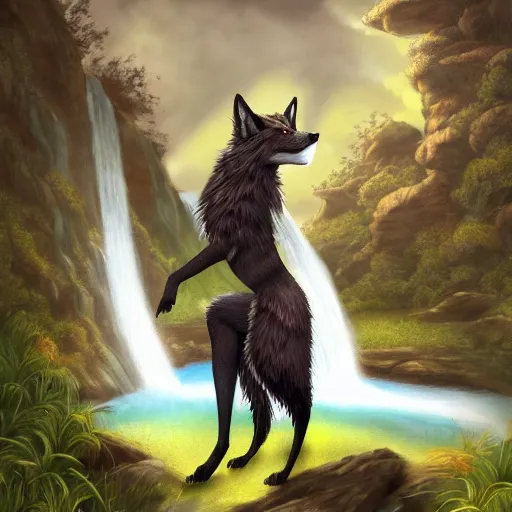Prompt: fantasy art of a noble werefox standing in front of a waterfall, photorealistic, FurAffinity