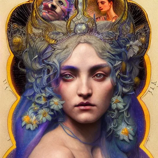 Image similar to queen of the moon with stars in her hair, by annie swynnerton and tino rodriguez and nicholas roerich and jean delville and donato giancola and tom bagshaw, dramatic lighting, floral tattoos, rich colors, smooth sharp focus, extremely detailed, adolf wolfli