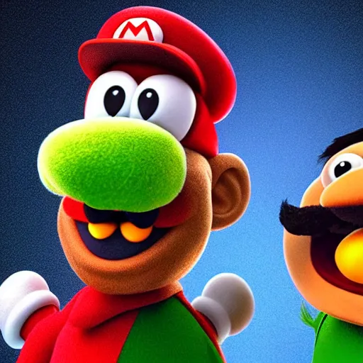 Image similar to A still of Mario and Luigi as muppets, photo real, photographic, photograph, artstation, trending, award winning, epic lighting, featured