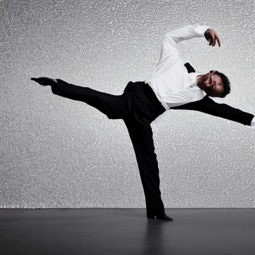 Image similar to a man in zirconium pants dancing to time, black and white