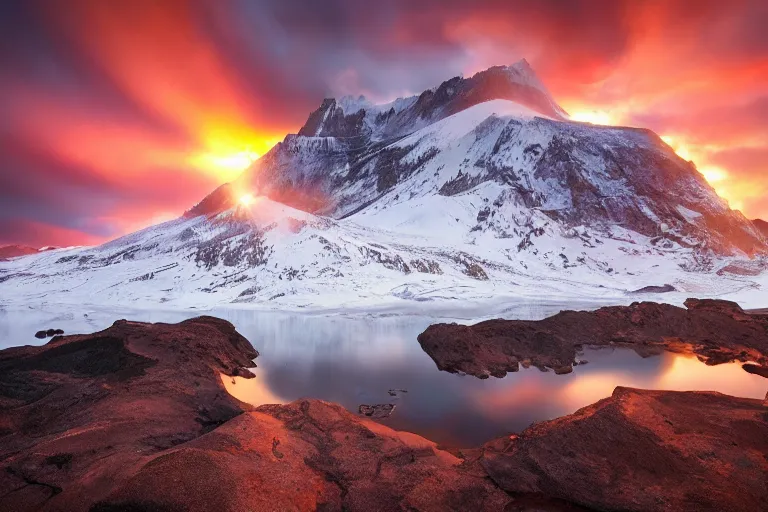 Image similar to amazing landscape photo of mountains with lava lake in sunset by marc adamus beautiful dramatic lighting, Gediminas Pranckevicius