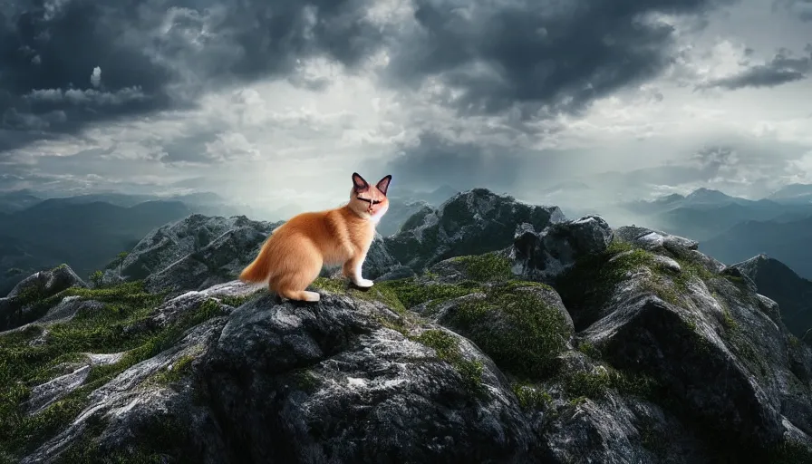 Prompt: a long hair siamese cat standing on the peak of a mountain range, looking far, digital art, epic lighting, epic composition, 4 k