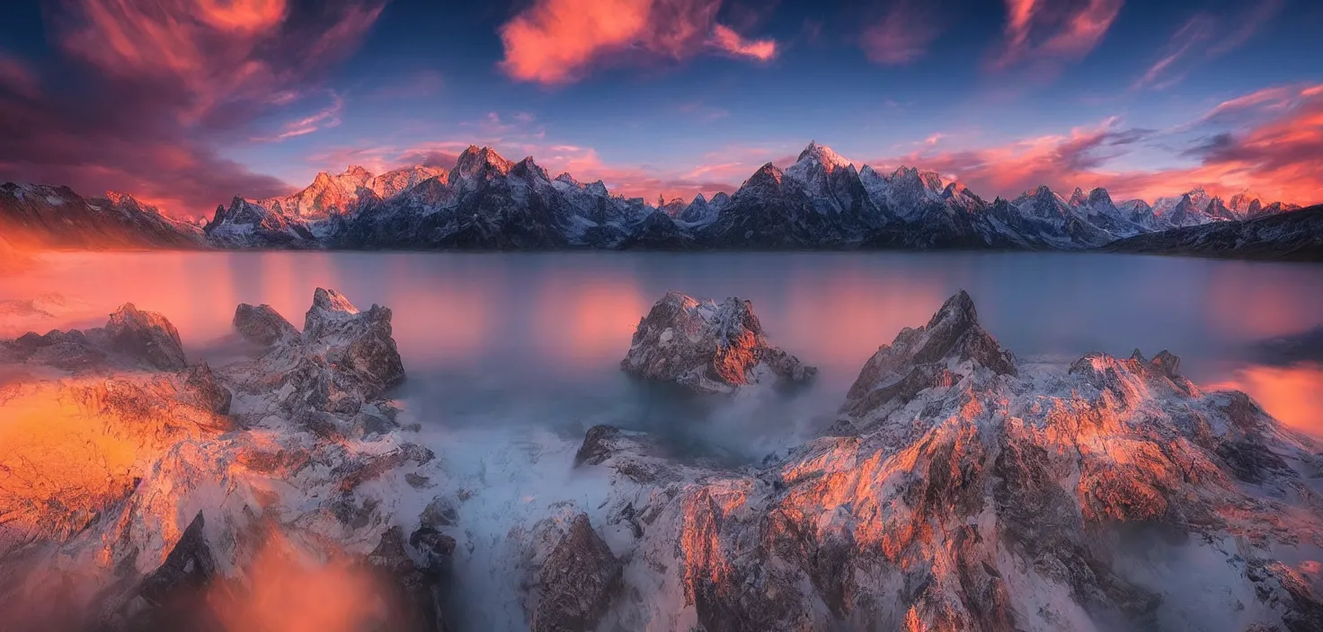 Image similar to amazing landscape photo of mountains with lake in sunset by marc adamus, beautiful dramatic lighting