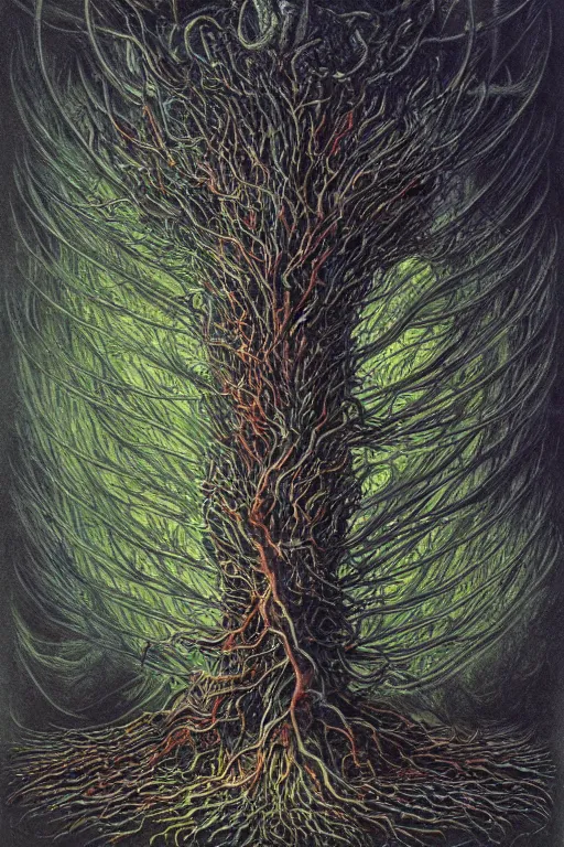 Prompt: monolithic sacred tree of fire by alan lee, hr giger, wayne barlowe, flaming phoenix wings, green tangled branches, biomechanical textures