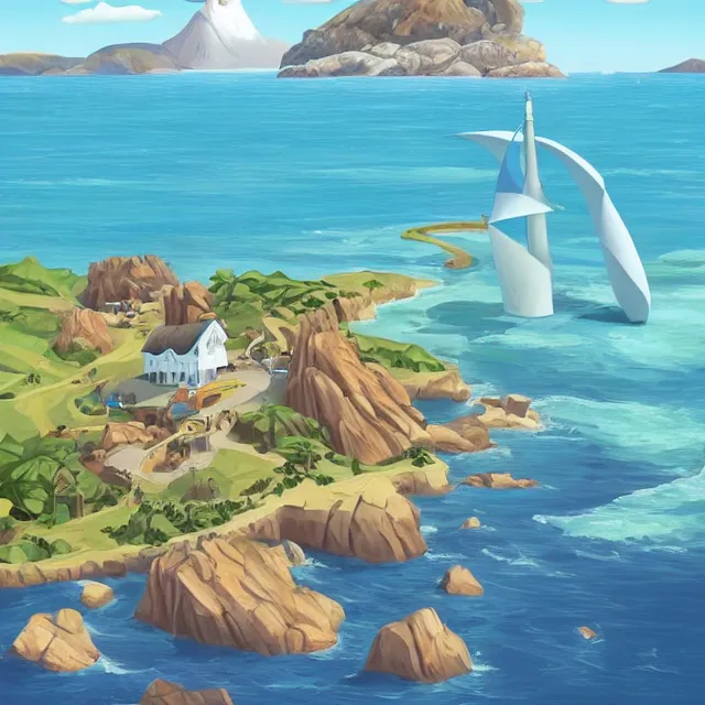 Prompt: a remote island research station in the middle of the ocean, rhads!!!, magical realism, archipelago, urban fantasy, saturday morning cartoon, clean linework, ( alexander archipenko ), ( tex avery ), western animation