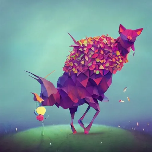 Prompt: low poly, pixar, un surreal hybrid animals, nostalgia for a fairytale, magic realism, flowerpunk, mysterious vivid colors by andy kehoe and amanda clarke en un mundo de Gediminas Pranckevicius y Shamsia Hassani