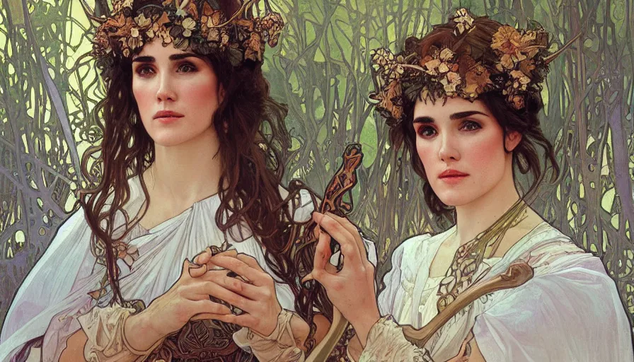 Prompt: A beautiful detailed painting of jennifer connelly as a female angel warrior in a magical forest by alphonse mucha and Kalin Popov , Trending on artstation HD.