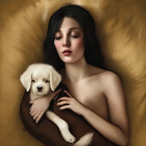 Image similar to a sleepy puppy in bed, resting on a pillow, Sigma 50mm f/1.4, painting by Tom Bagshaw