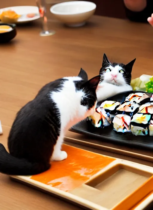 Image similar to clear photograph of cute cats stealing sushi from sushi plates