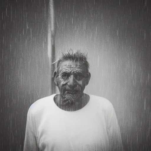 Image similar to Monochrome portrait of an intense old man with facial tattoos on a rainy misty street at night, the only light source is a bright overhead street light, close-up, motion blur, grainy Tri-X pushed to 3200, 24mm tilt-shift, water drops on the lens, holga