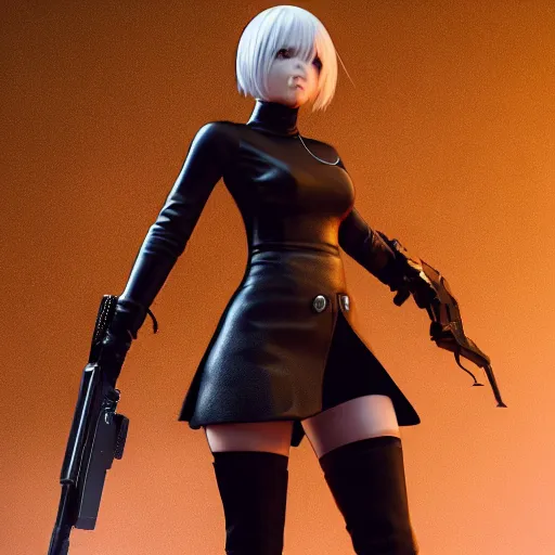 Image similar to 2B nier automata pointing a gun, 4k, realistic, unreal engine render, trending in artstation, artstationHD, artstationHQ