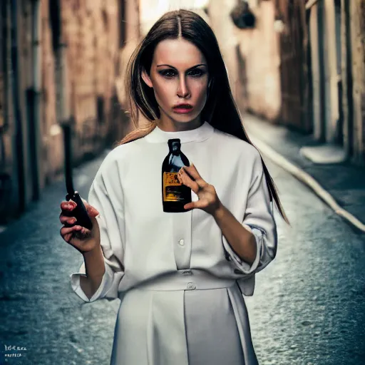 Image similar to photograph of woman holding a bottle in street, fashion shoot, award winning, kodak, 4 k, realistic intricate detail, hyper detail, woman very tired, full body potrait holding bottle, hazel green eyes, realistic, highlydetailed, natural, masterpiece, sharp focus, jennysaville