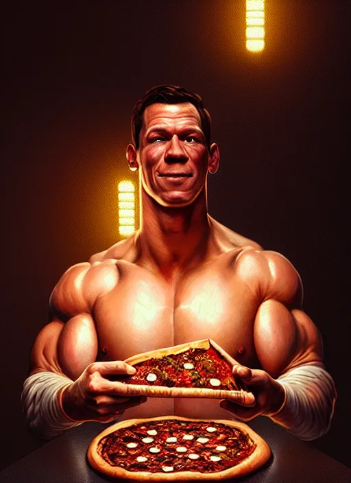 Image similar to portrait of john cena eating pizza, intricate, elegant, glowing lights, highly detailed, digital painting, artstation, concept art, smooth, sharp focus, illustration, art by wlop, mars ravelo and greg rutkowski