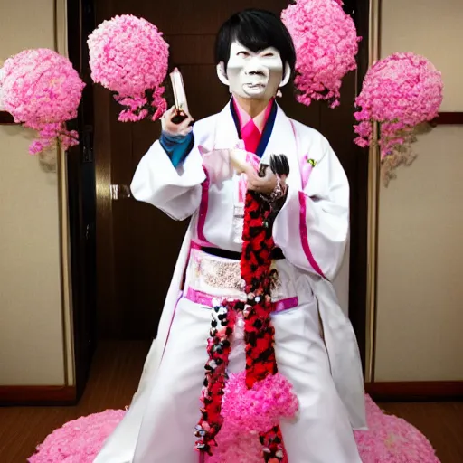 Image similar to a flamboyant japanese man that has had lots of plastic surgery, wears lots of makeup and has smooth skin wearing a wedding dress