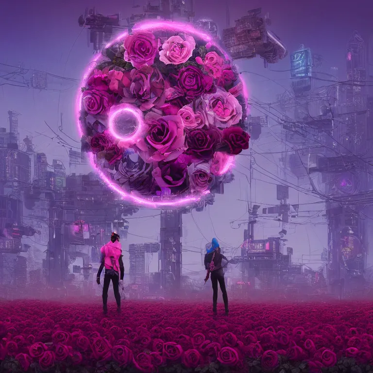 Prompt: a circle portal made of roses, cyberpunk, epic surrealism, magenta, sky blue, deep purple, Detailed digital matte painting in the style of simon stalenhag and Greg Hildebrandt artstation