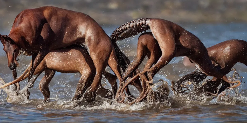 Image similar to national geographic photo of horse full of octopus being eaten by african hunting dogs