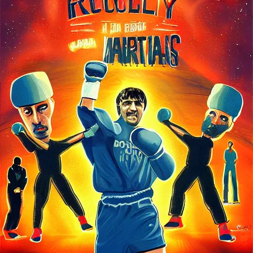 Image similar to rocky balboa on mars, boxing martians, high detailed, vivid colors, photorealistic, poster,