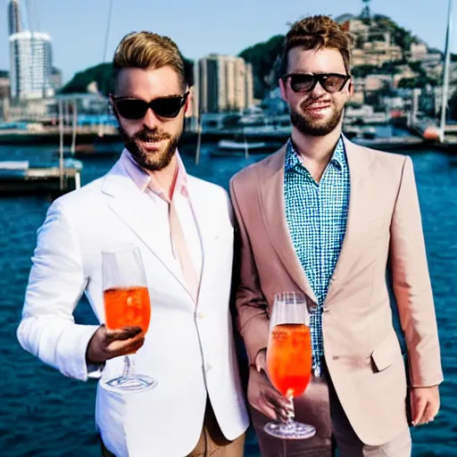 Prompt: two proud and elegantly dressed man and shrimp hybrids standing on a yacht drinking aperol spritz highly detailed golden shrimp legs