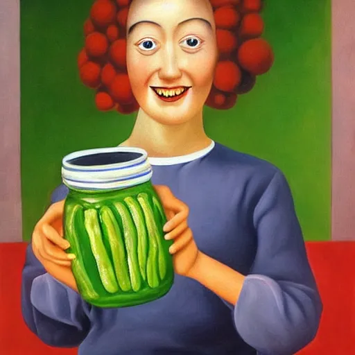 Prompt: a smiling girl with short grey red hair proudly holding a fido jar into the camera. the jar is filled with big green pickles. painting by salvador dali