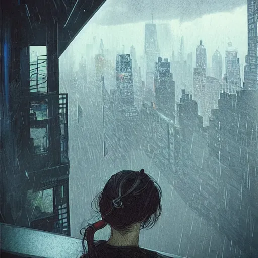 Image similar to “ a girl on a ledge overlooking futuristic new york city, ghostpunk, heavy rain, high detail, by moebius ”