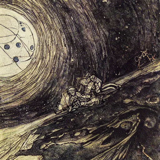 Prompt: Liminal space in outer space by Arthur Rackham