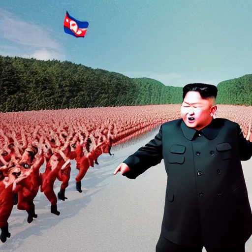 Prompt: Kim Jong Un dances Gangnam Style in front of fields of starving peasants and decaying infrastructure, 3d render by beeple, rendered in octane, 4k, volumetric lighting, social critique