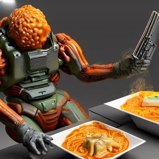 Prompt: doom guy eating a bowl of ramen while firing a shotgun, 3d render, unreal engine 5, hyper detailed