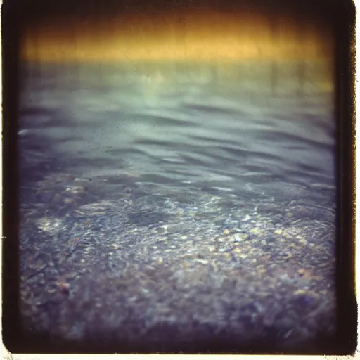 Image similar to a rusty bedframe, dark, murky water, underwater, old polaroid, expired film,