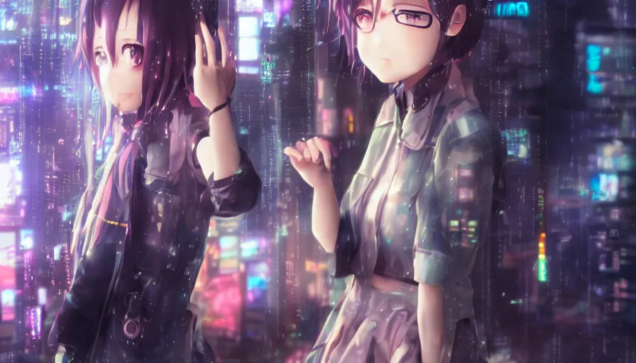 Image similar to cute anime girl in a cyberpunk city by wlop, heterochromia, closeup, short minidress, light clothing, light rain, hyper real, detailed digital art, hatsune miku